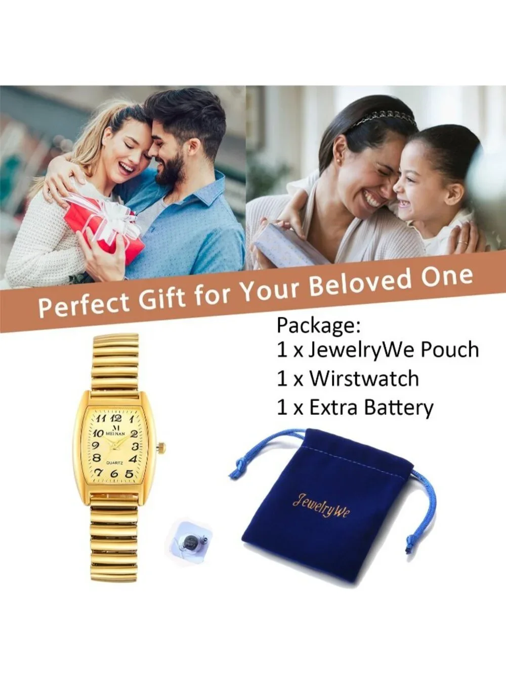 Women's All Gold Analog Quartz Big Dial Easy Reader Stretch Band Wrist Watch